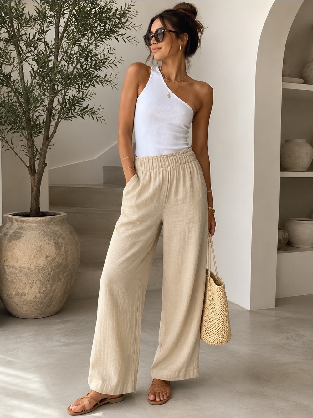Gap Crinkle Gauze Bedrock Tan Wide Leg Pull-On Flowy Coastal Boho Pants